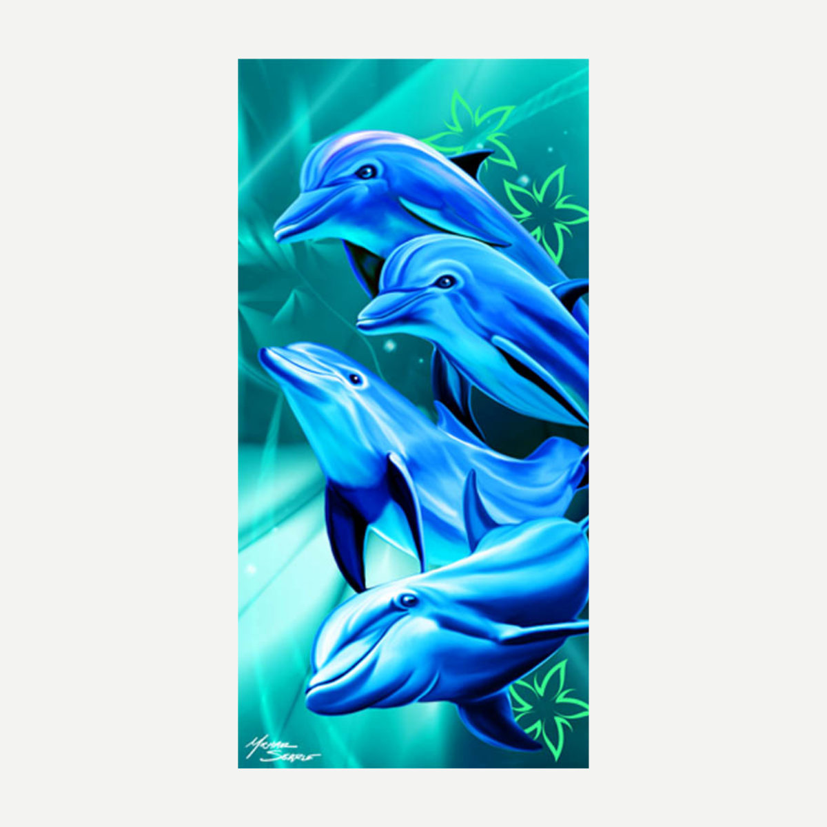 Vibrant blue beach towel featuring a colorful underwater scene with leaping dolphins and green floral accents.