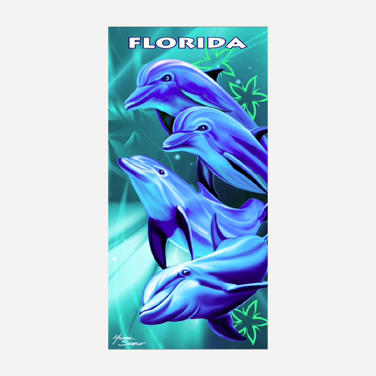 Florida beach towel featuring a graphic of four dolphins in blue and teal water