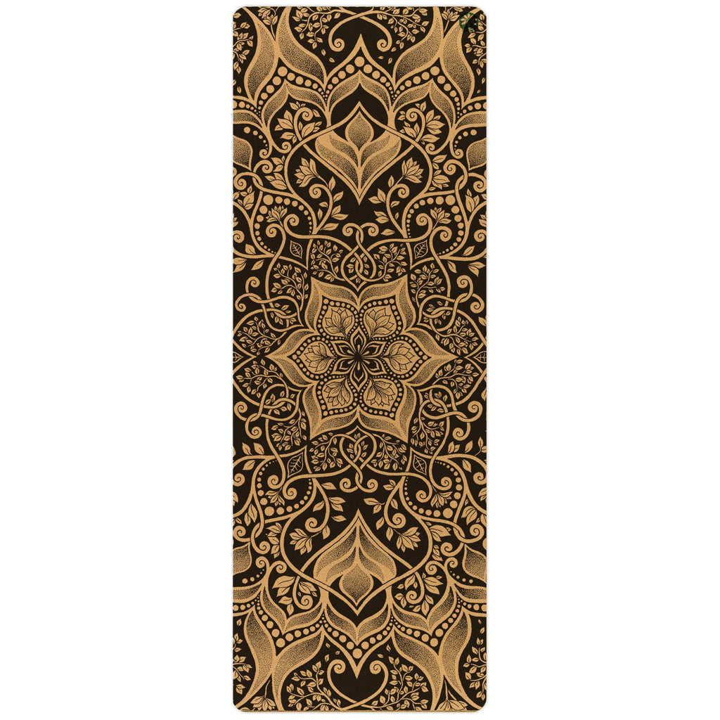 Harmony Unity Pro Cork Yoga Mat in brown and green with an abstract pattern