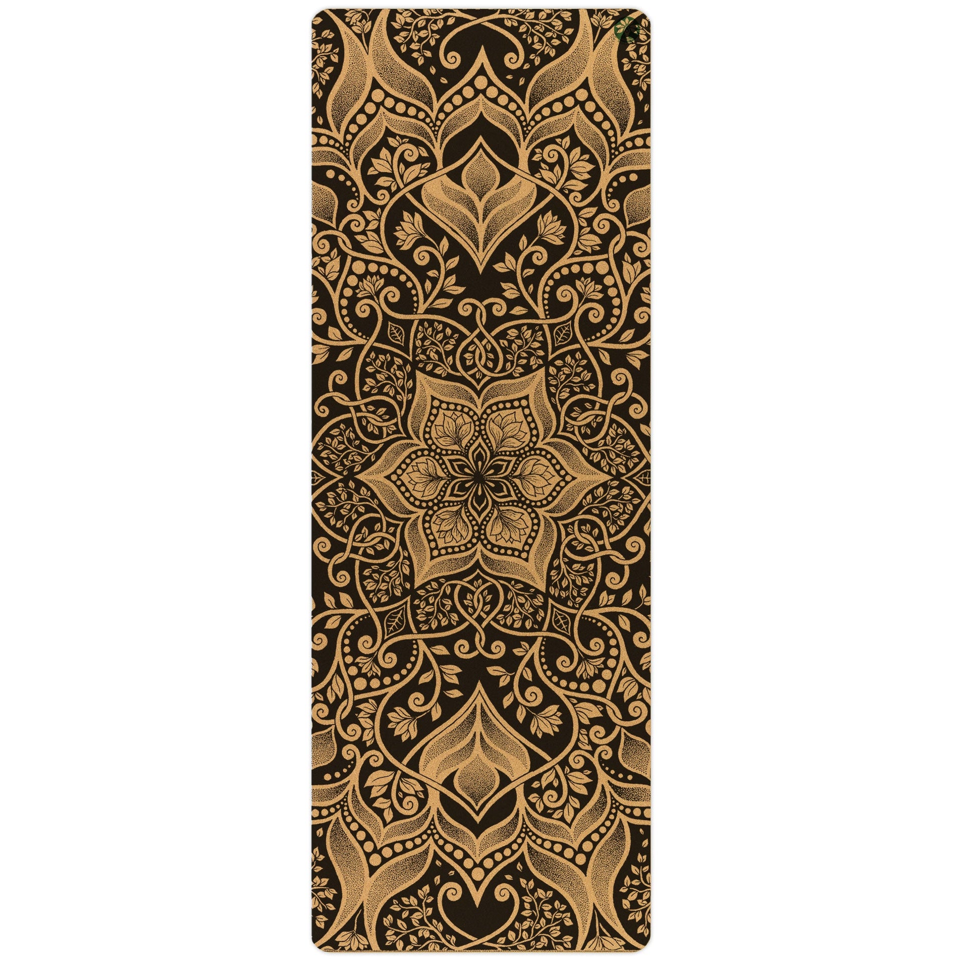 Harmony Unity Pro Cork Yoga Mat in brown and green with an abstract pattern