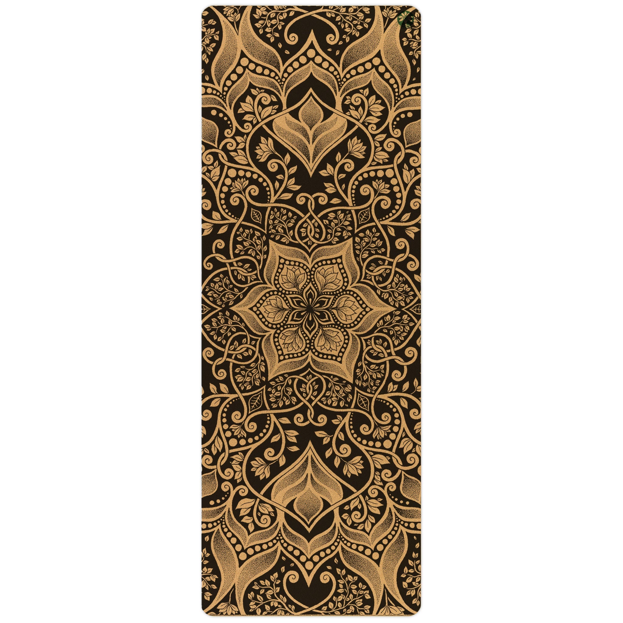 Harmony Unity Pro Cork Yoga Mat in brown and green with an abstract pattern