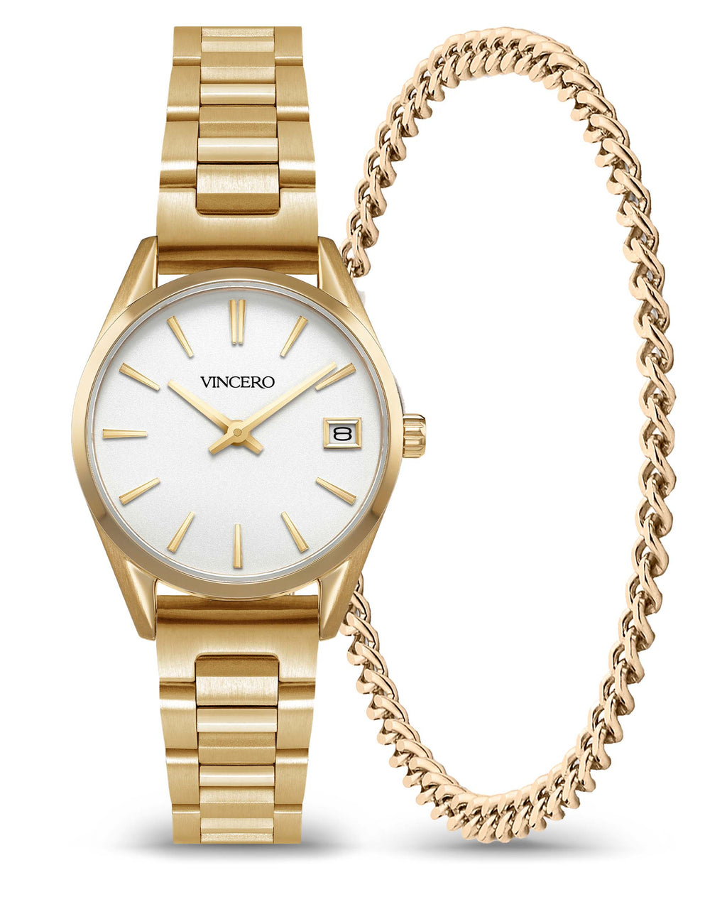 Vincero Collective Harper Set featuring a gold oversized Cuban link chain and a sleek curved necklace.