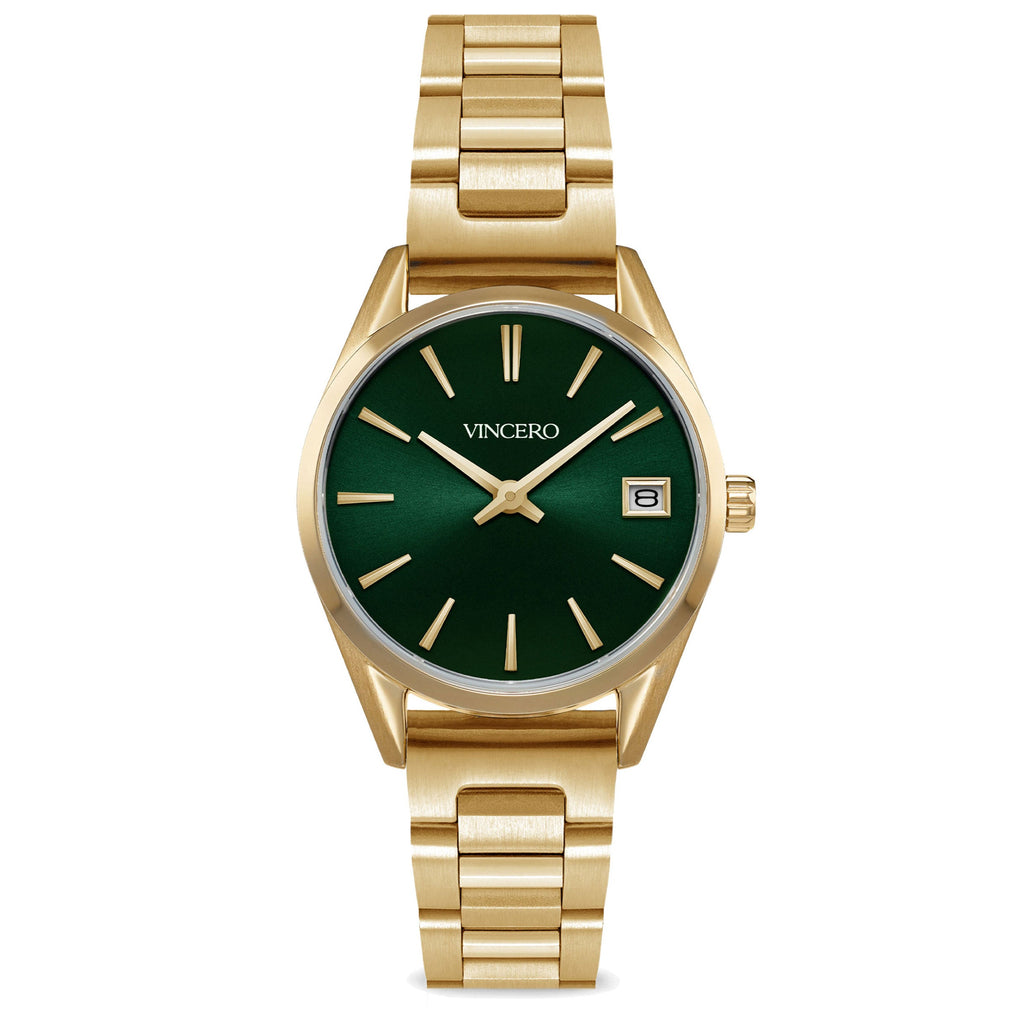 The Harper 29mm watch in gold with a green dial and a polished stainless steel bracelet.