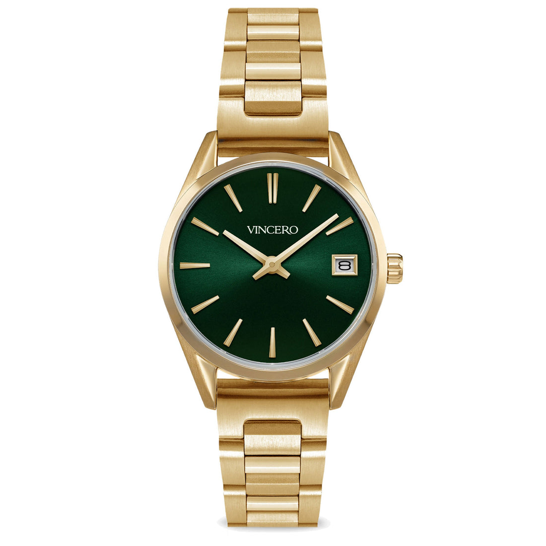 The Harper 29mm watch in gold with a green dial and a polished stainless steel bracelet.