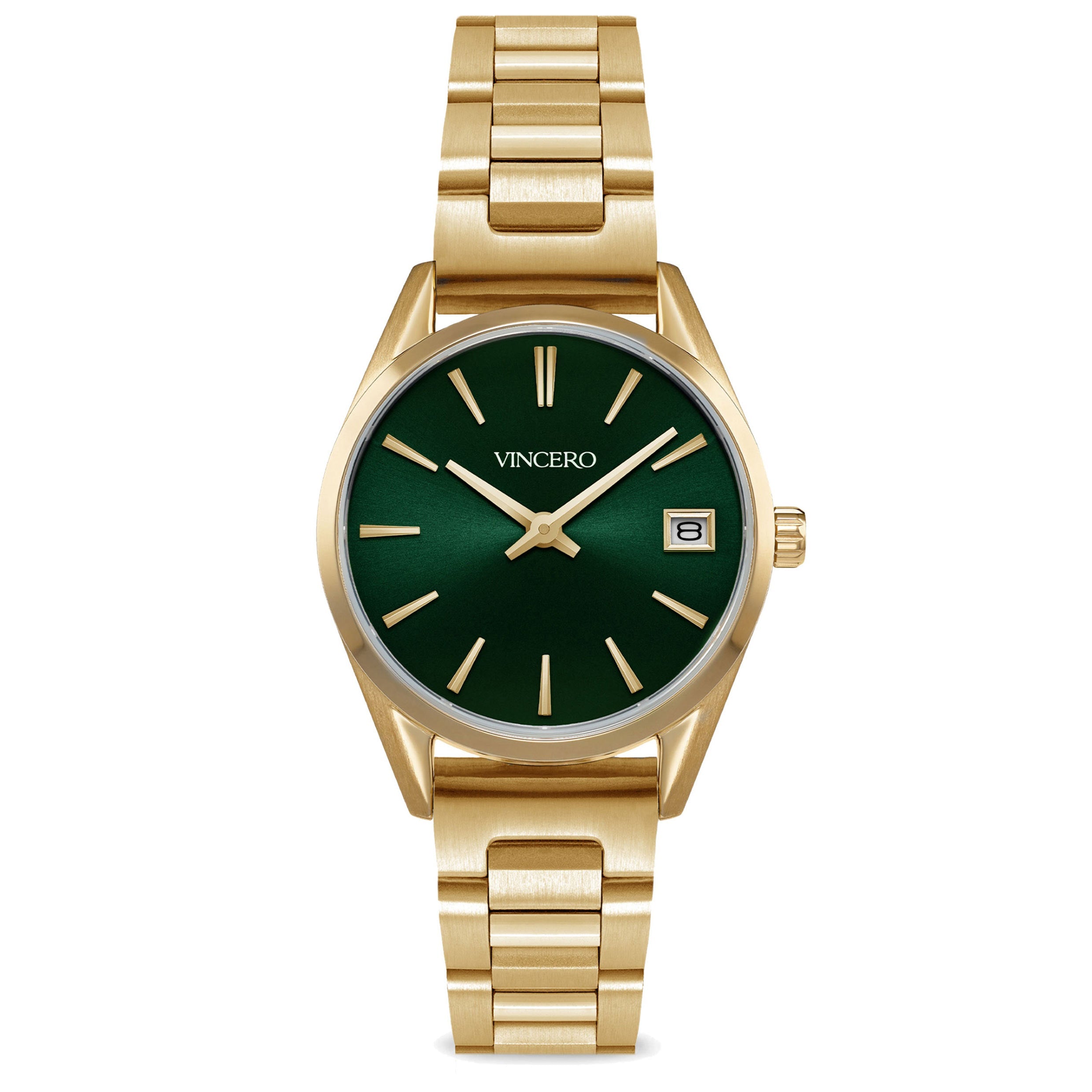 The Harper 29mm watch in gold with a green dial and a polished stainless steel bracelet.