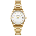 Close-up of The Harper 29mm gold stainless steel watch with fine-brushed and polished bracelet links.