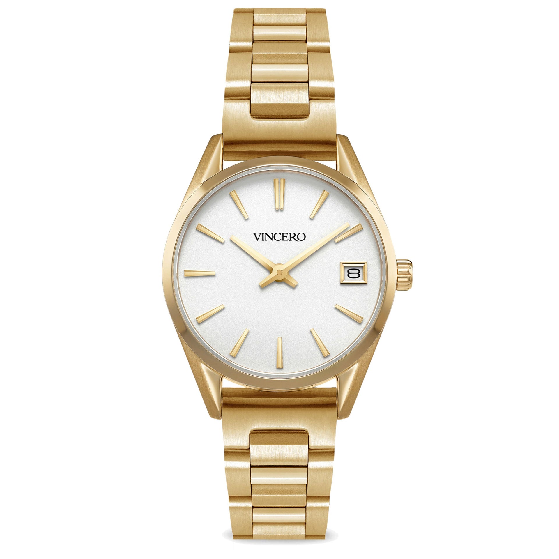 Close-up of The Harper 29mm gold stainless steel watch with fine-brushed and polished bracelet links.