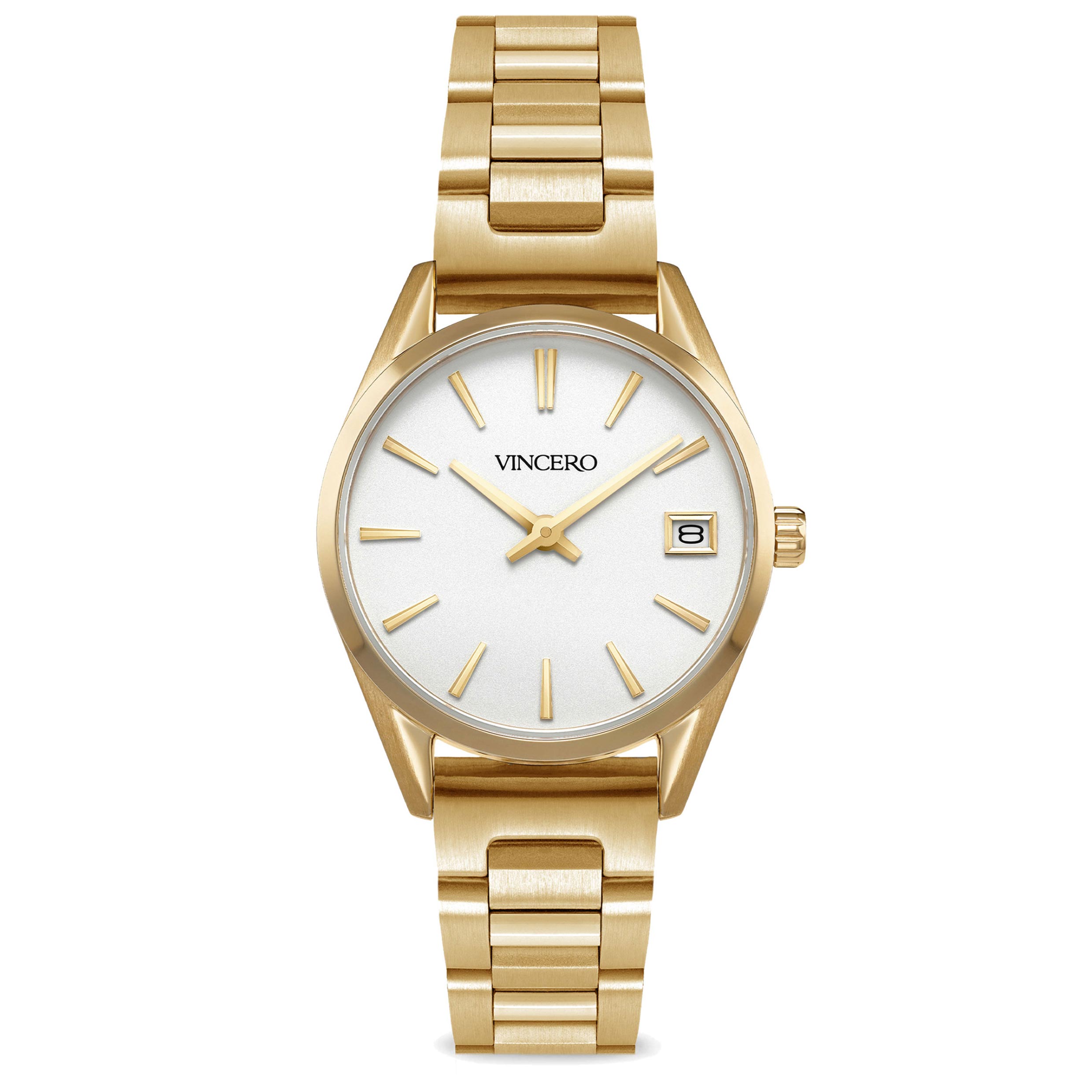 Close-up of The Harper 29mm gold stainless steel watch with fine-brushed and polished bracelet links.