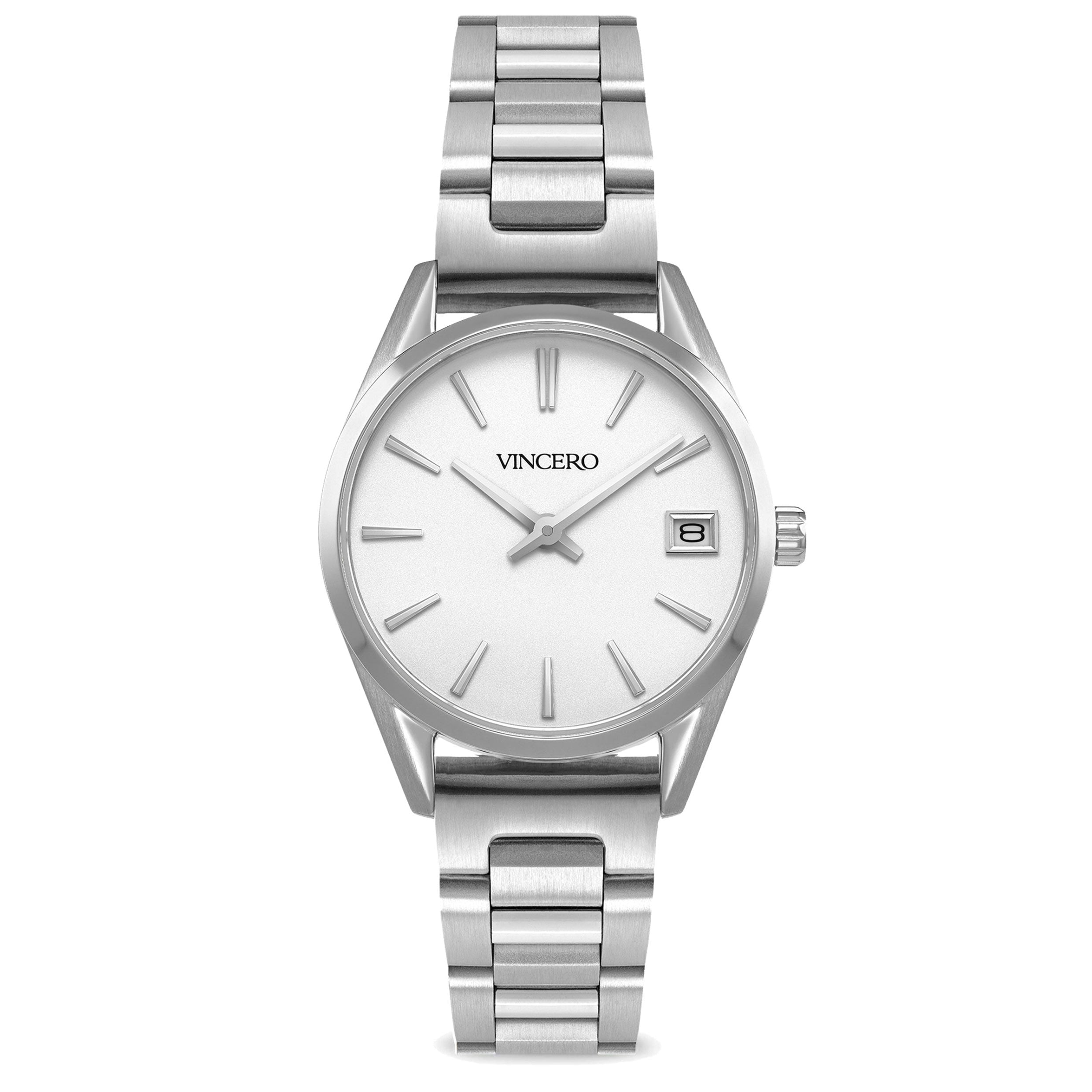 Close up of The Harper silver analog watch with a 29mm case and silver metal strap