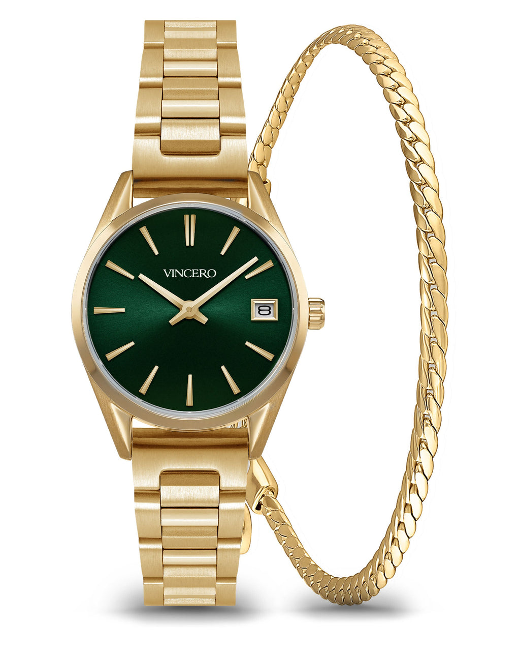 A petite 29mm green watch paired with a serpentine bracelet on a clean background
