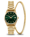 A petite 29mm green watch paired with a serpentine bracelet on a clean background