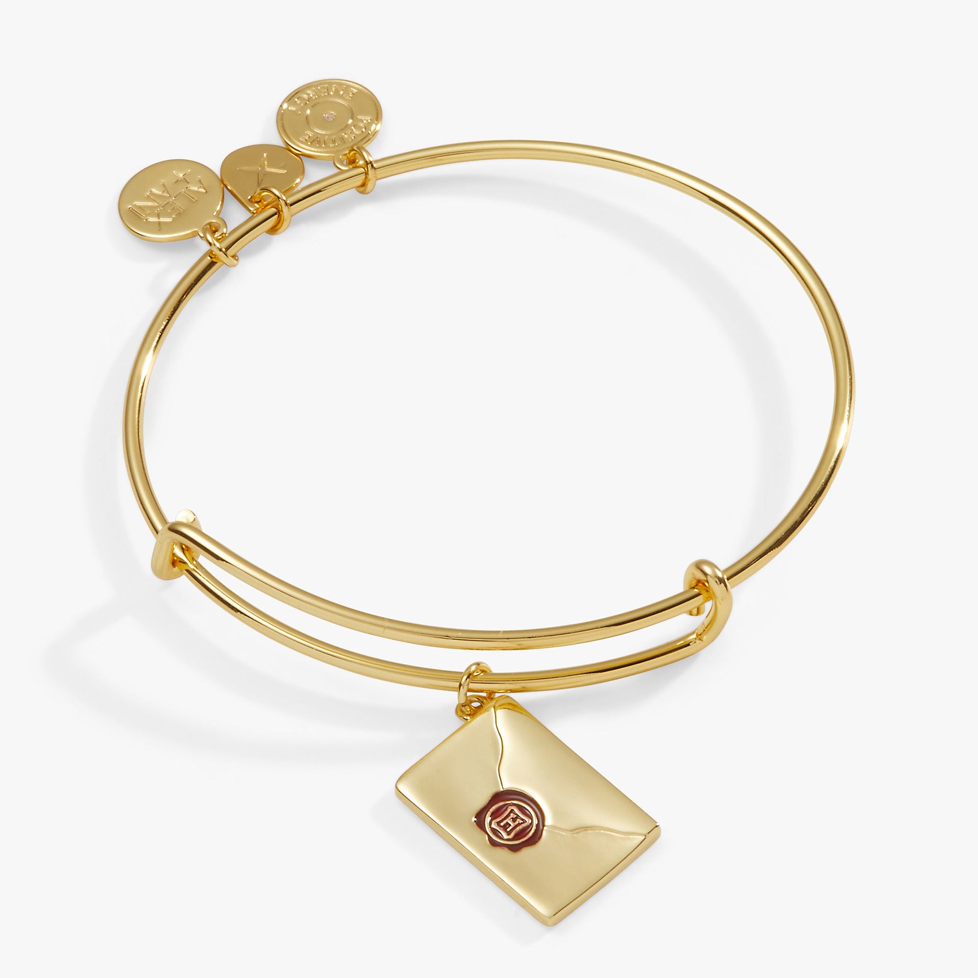 Shiny gold Harry Potter acceptance letter charm bangle with Hogwarts envelope detail