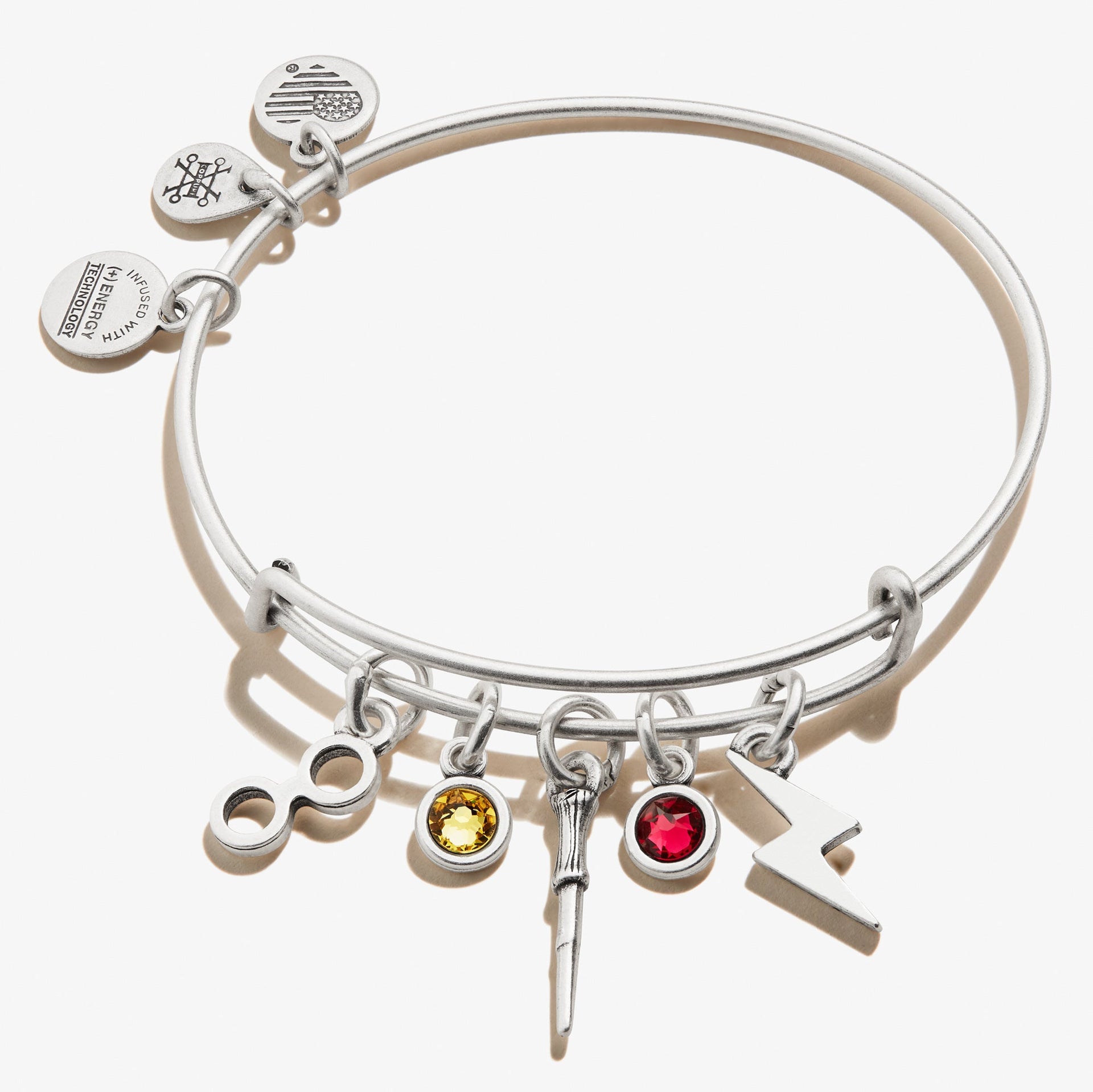 Harry Potter character multi-charm bangle with silver, yellow, and red design elements