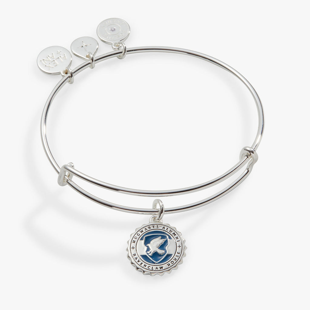 Shiny silver Ravenclaw House charm bangle featuring Hogwarts Alumni engraving