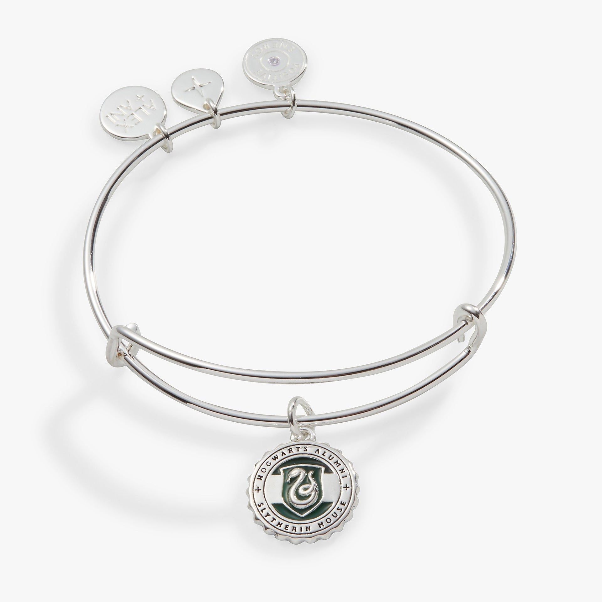Harry Potter Slytherin house charm bangle with a snake emblem and Hogwarts Alumni inscription.