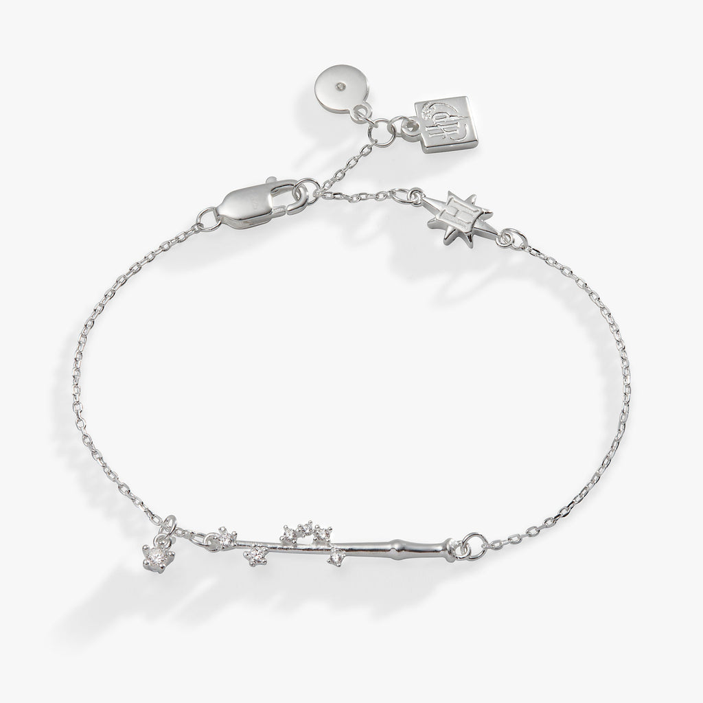 Sterling silver Harry Potter wand charm bracelet with crystal accents on an adjustable chain.