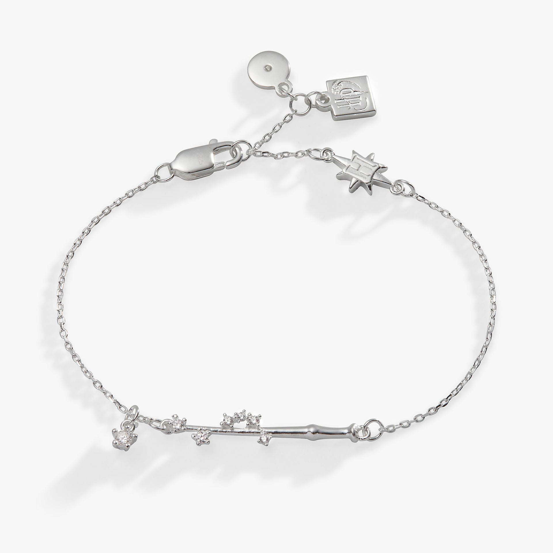 Sterling silver Harry Potter wand charm bracelet with crystal accents on an adjustable chain.