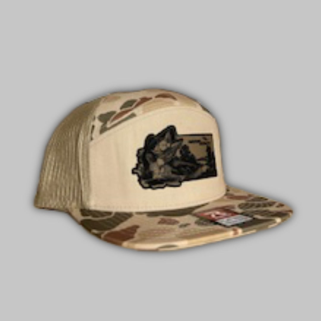 Bass Fishing 7 Panel camo snapback in tan, brown, olive-green, and off-white.