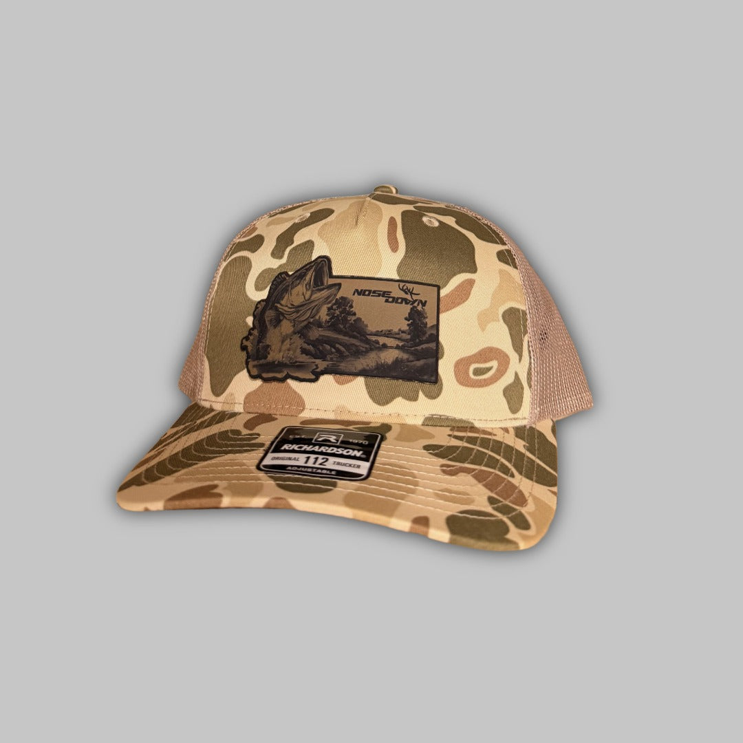Bass fishing trucker hat with Richardson 112 design and adjustable snapback.