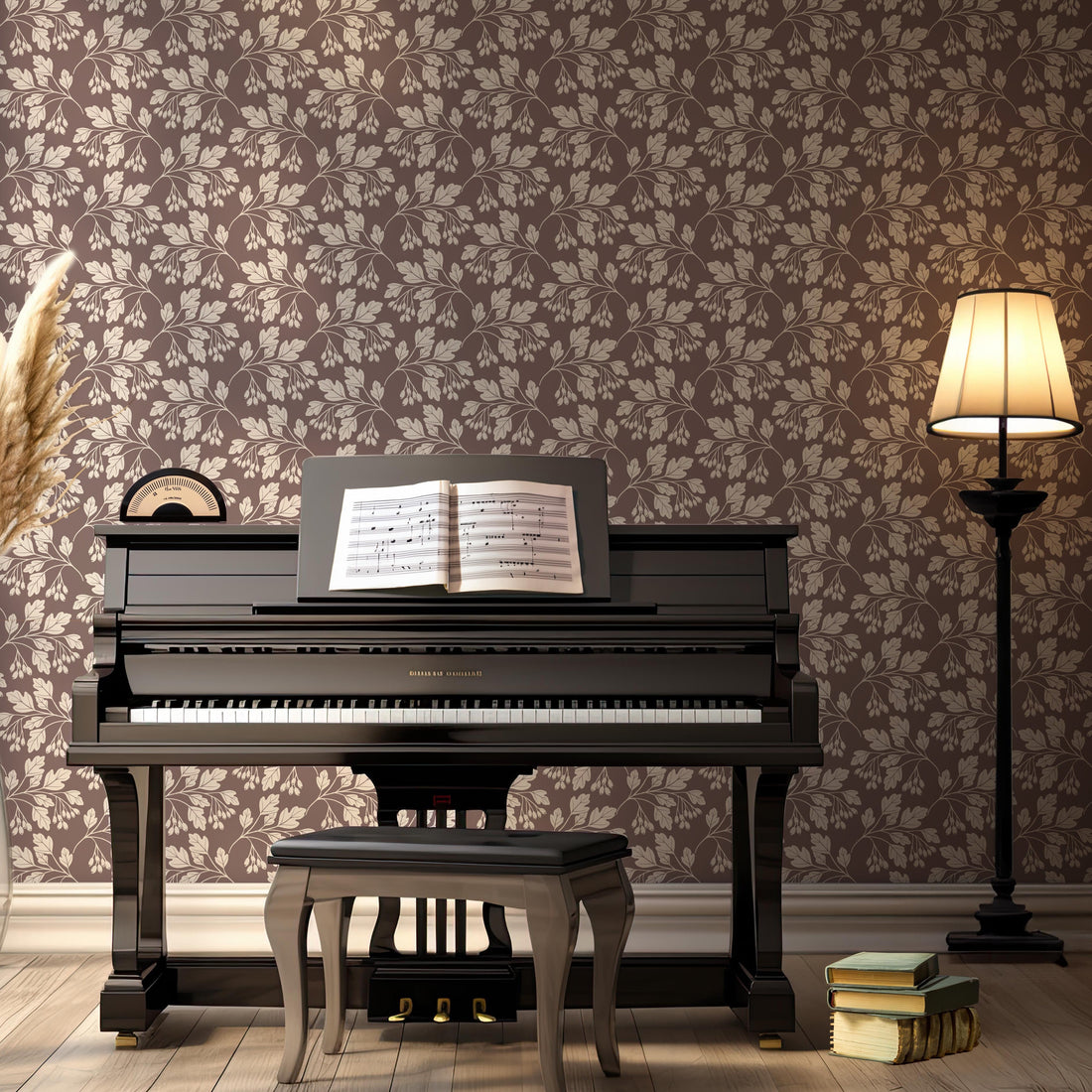 Hawthorn floral botanical wallpaper featuring brown, sage-green, and teal patterns