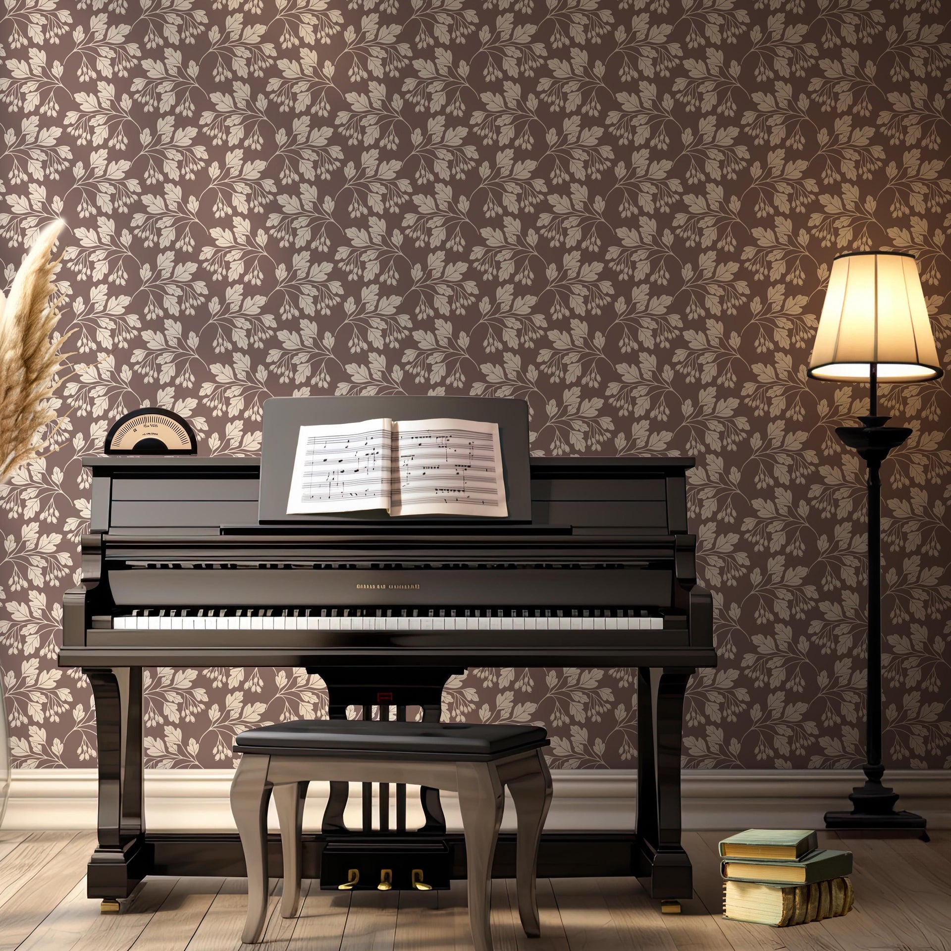 Hawthorn floral botanical wallpaper featuring brown, sage-green, and teal patterns