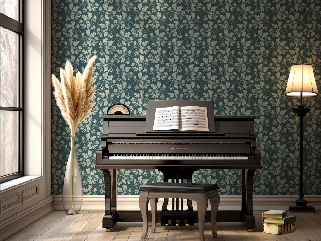 Hawthorn Floral Peel and Stick Wallpaper in Brown, Sage-Green, and Teal
