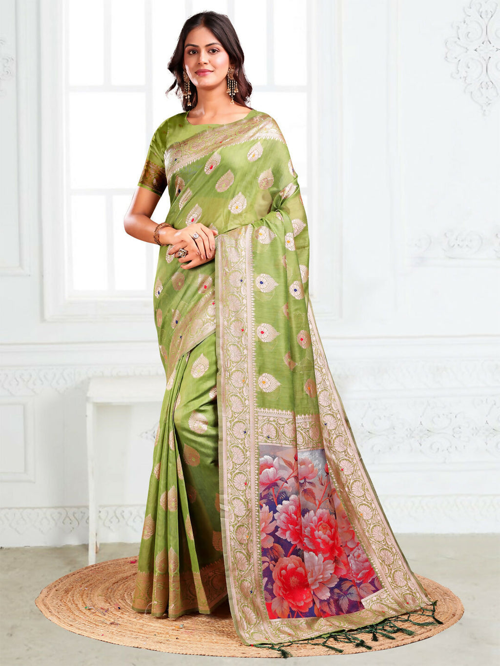 Green Linen Cotton Saree with Matching Blouse Piece