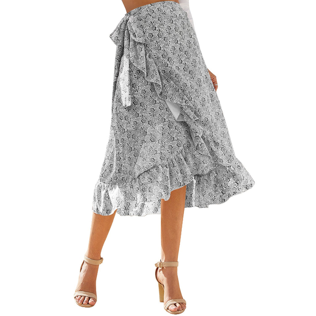 Spring Flower Wrap Bandage Skirt Floral Boho Clothing Summer Asymmetrical Skirt Women Beach Ruffled Maxi Skirt