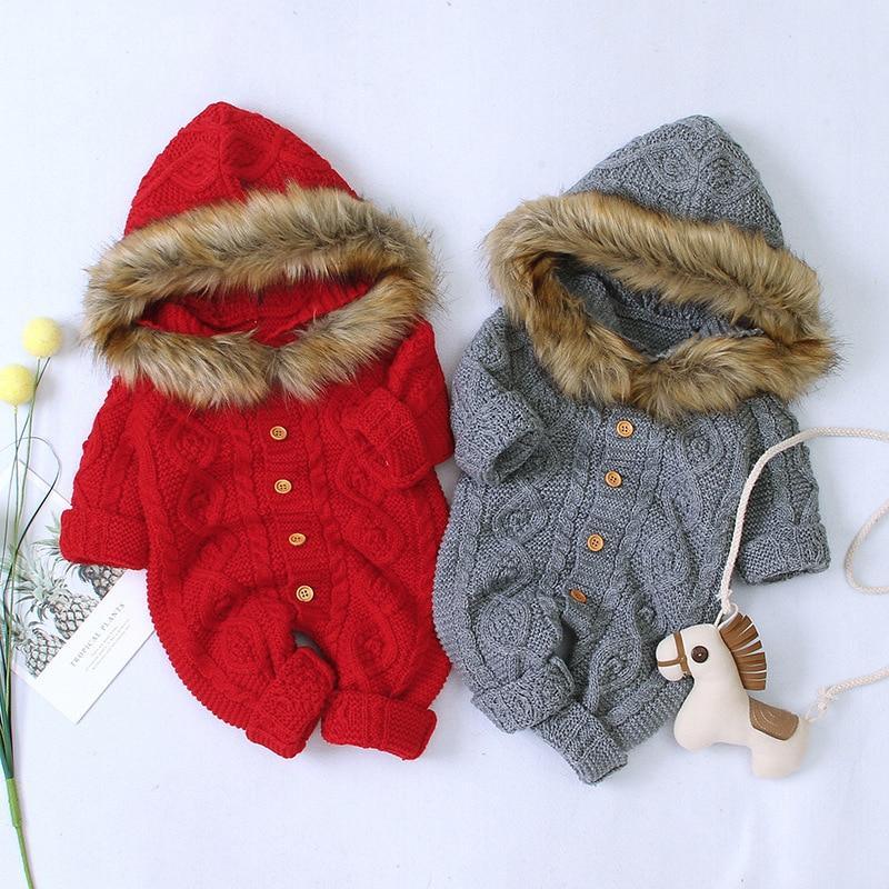 Baby wearing a cozy gray hooded knit romper for winter in a classic style