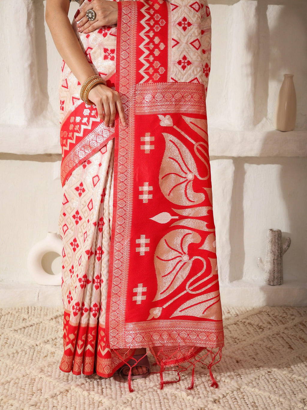 Red and White Linen Cotton Saree with Matching Blouse