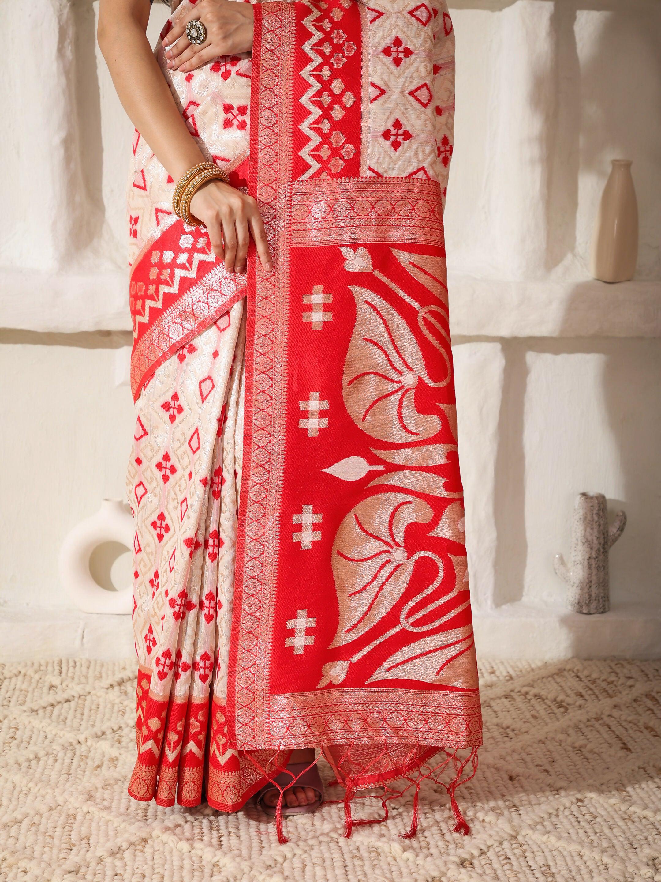 Red and White Linen Cotton Saree with Matching Blouse