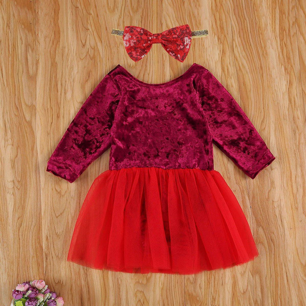 Baby Girls Long Sleeve Velvet Christmas Dress with Letter Print