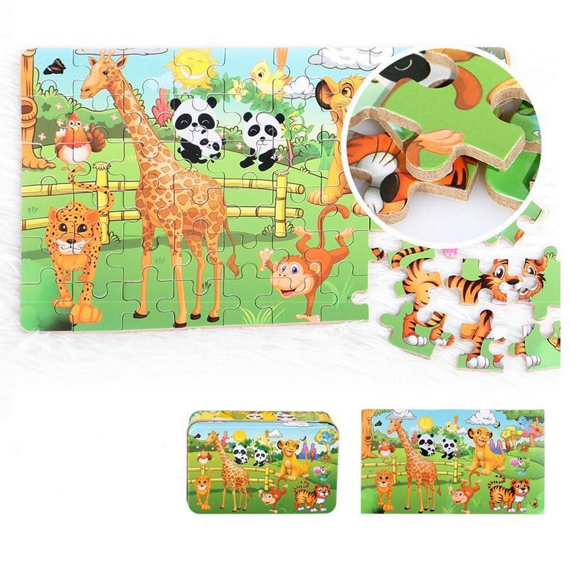 60-Piece Wooden Cartoon Animal Puzzle in Keepsake Iron Box