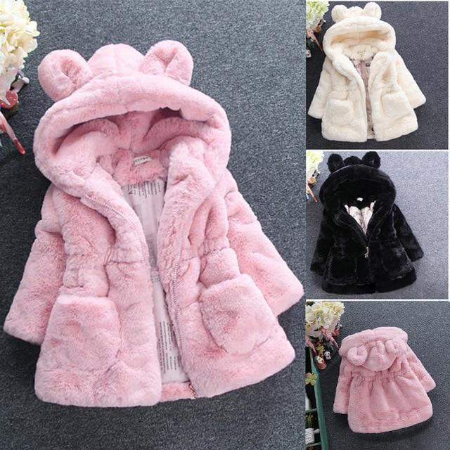 Plush fleece hooded winter jacket for baby girls in solid color