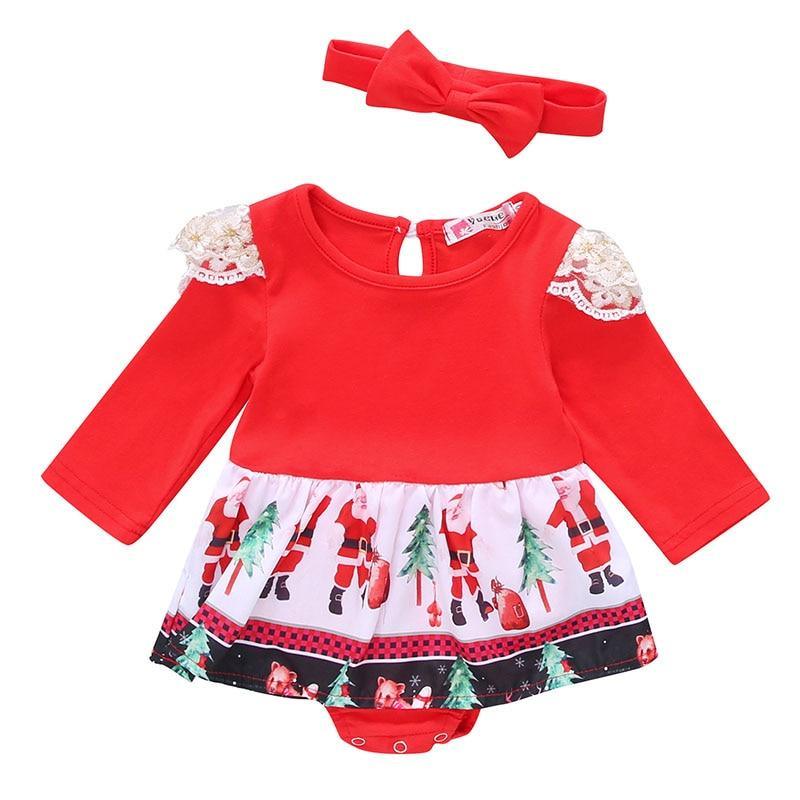 Baby Girl Christmas Long Sleeve Ruffle Romper Dress in Red/White
