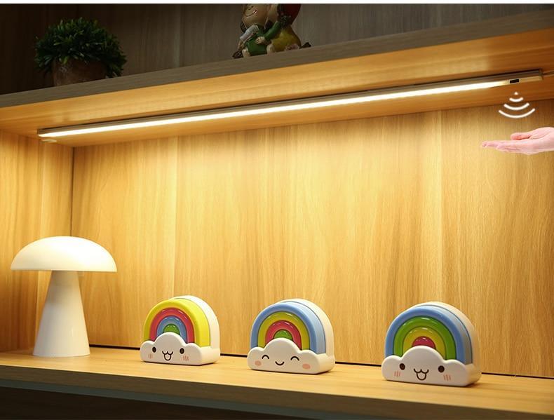 USB powered LED strip light mounted under a kitchen cabinet with a hand sensor.