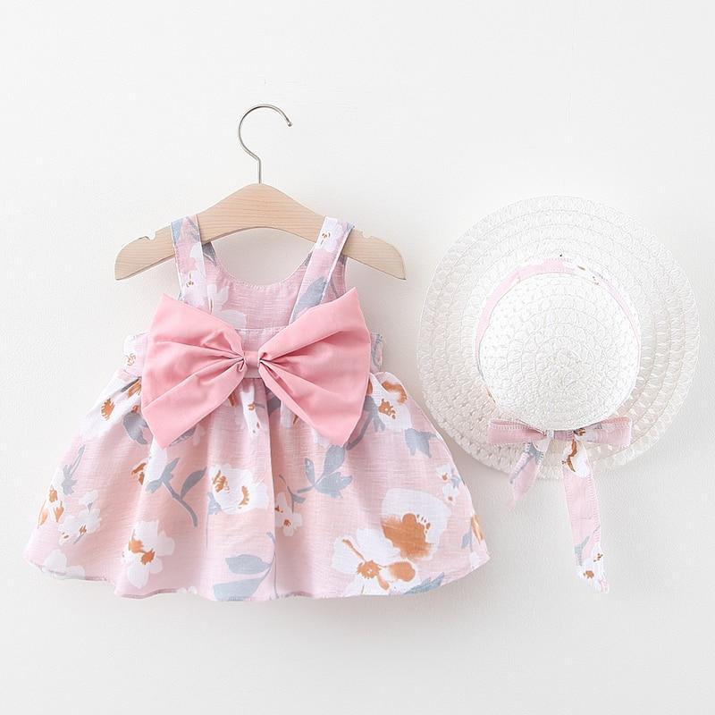 Luxury Modern Summer Bow Print Dress and Matching Hat Set for Girls