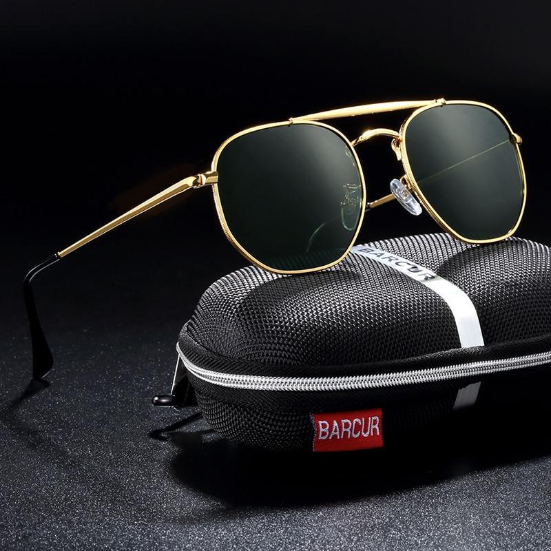 Unisex polarized hexagon sunglasses in gold and black metal frames with UV400 protection.