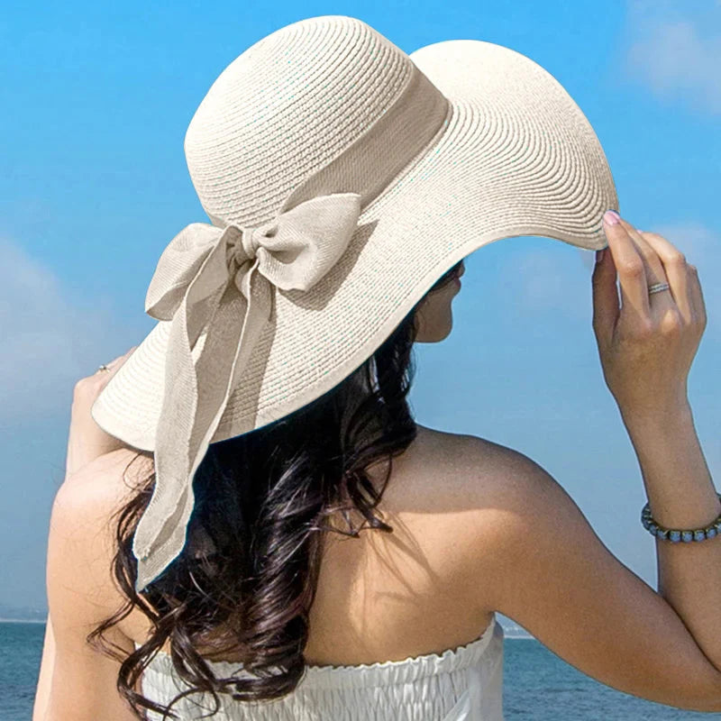 Women’s Wide Brim Summer Straw Hat with Elegant Bowknot Detail