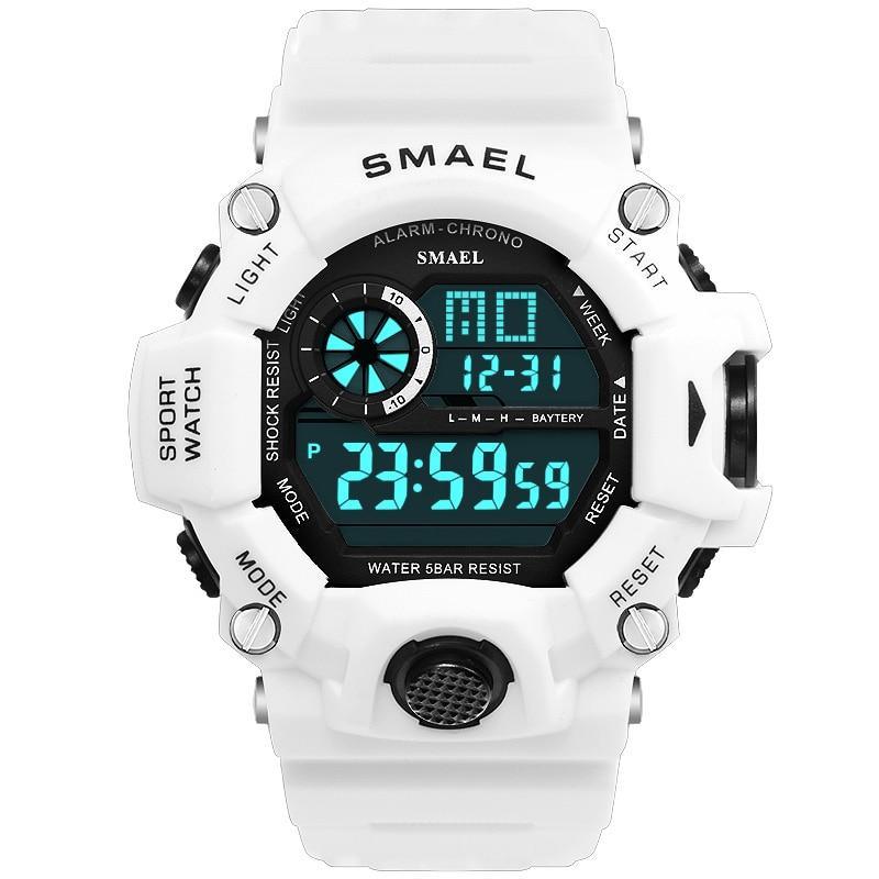 Unisex dual display military sports watch in black, white, and blue available.