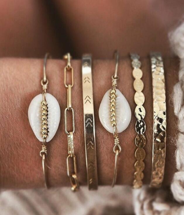 Bohemian Gold-Tone Tassel Bracelet with Shell and Crystals
