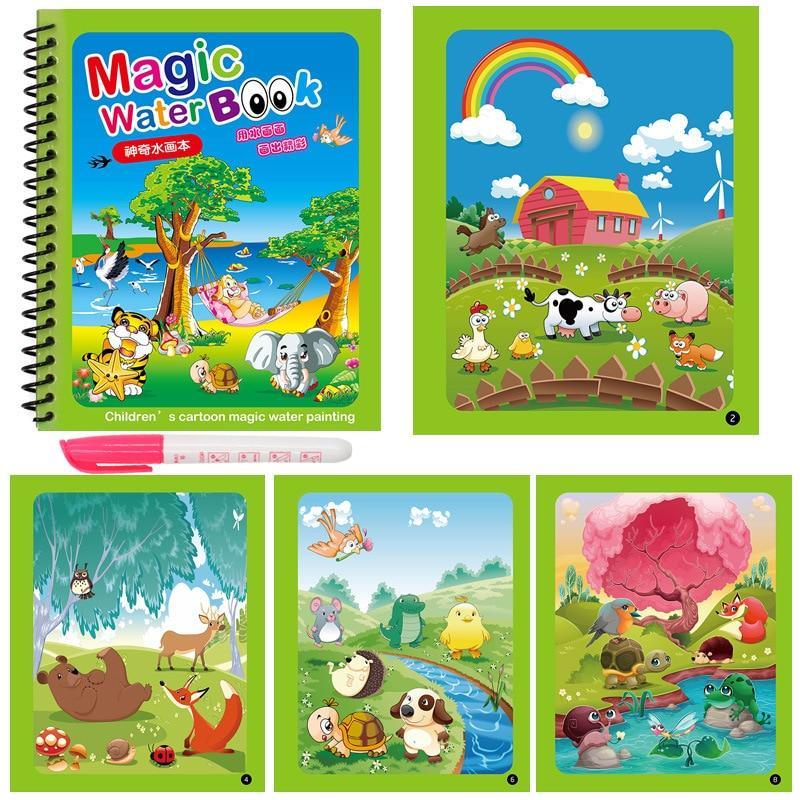 A set of reusable magic water drawing books in blue, pink, and yellow for kids.