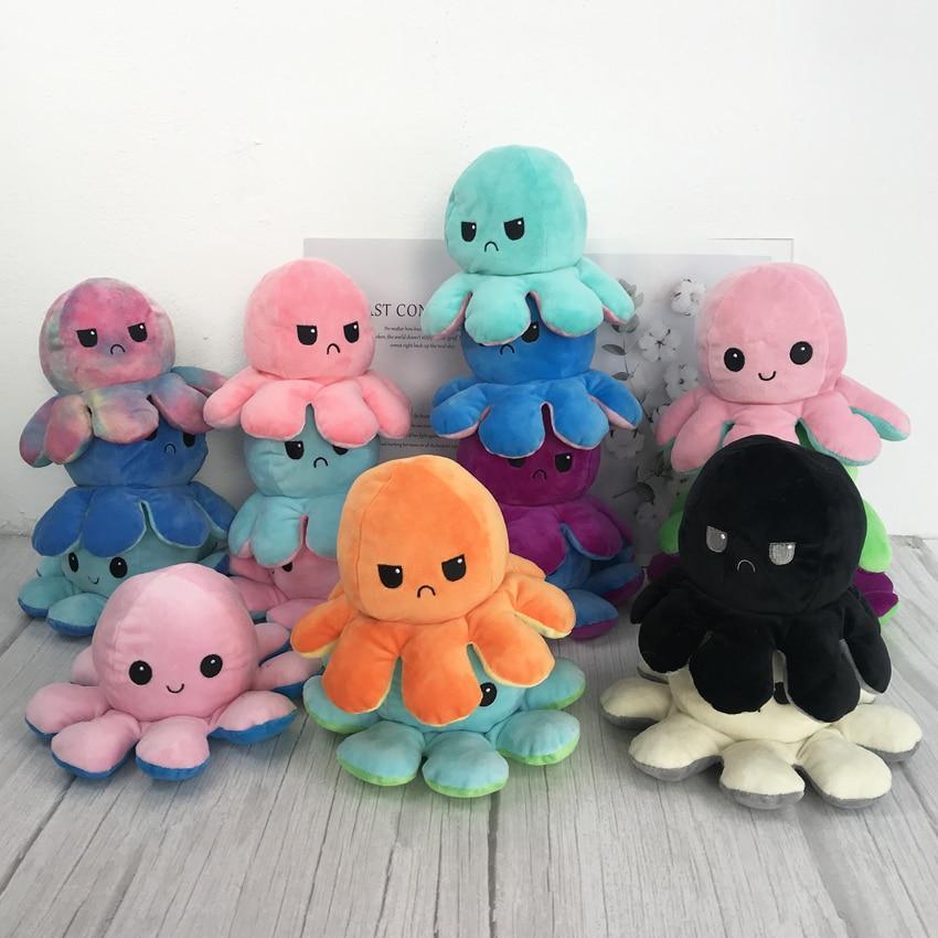 Reversible flip octopus plush toy showing dual colors and cute expressions