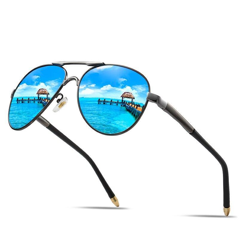 Luxury metal frame aviator sunglasses with blue mirrored polarized lenses