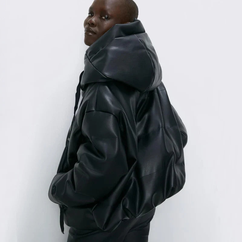 Women's Black Faux Leather Hooded Puffer Parka Jacket - Image 2