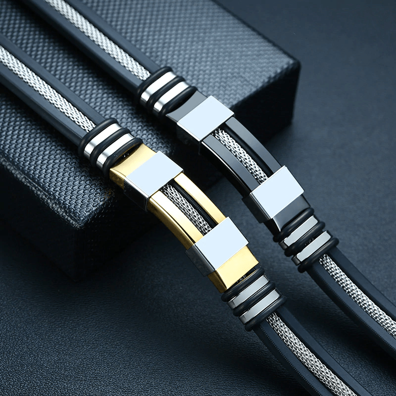 Men's stainless steel rudder bracelet featuring a black silicone mesh link design