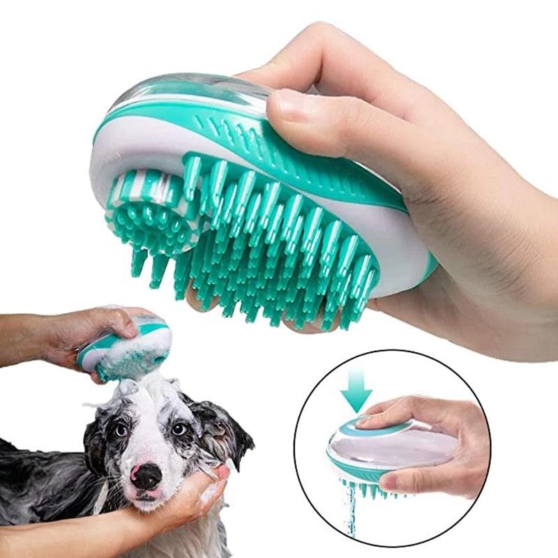 A 2-in-1 silicone pet bath and massage brush in pastel colors with a shampoo dispenser design.