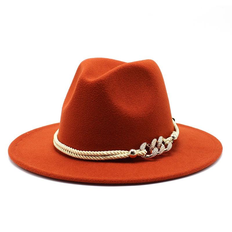 Classic White Wide Brim Fedora Hat with Chain Detail for Summer