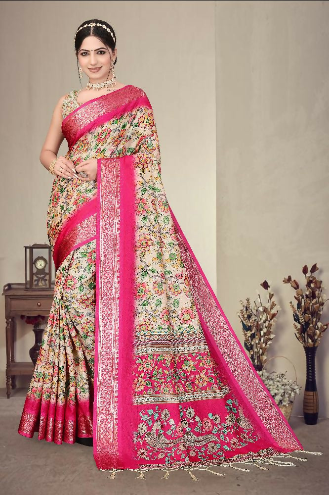 Multi-colored cotton silk saree with digital print and intricate jacquard weaving details.