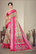 Multi-colored cotton silk saree with digital print and intricate jacquard weaving details.